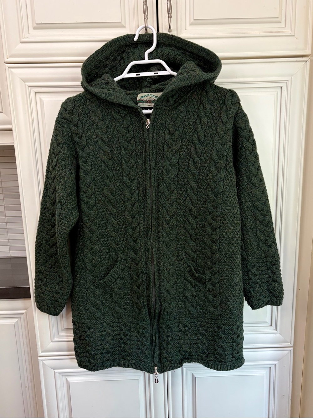 Aran Crafts Size L women’s Irish Merino wool long hooded zip sweater